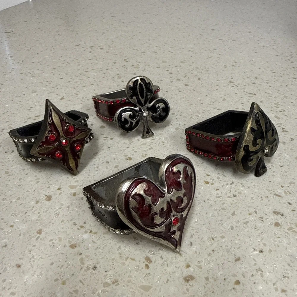 4 Metal Napkin Rings Card Suits Heart Diamond Spade Clover Red Black Rhinestones